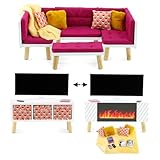 Emily Rose 18' Doll Wooden Furniture Living Family Room Sofa Chair Bed Couch Entertainment Unit, TV, Pretend Fireplace, Storage Bins and Accessories | Compatible with 14'-19' Dolls Gift Girl Toys