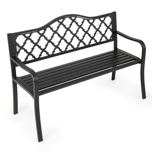 GOPLUS Banco de Jardín Exterior de Metal, Banco para 2-3 Personas con Respaldo Ergonómico y Reposabrazos Curvados, Asiento de Listones para Patio Terraza Piscina (Negro, 128 x 54 x 89 cm)
