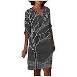 Sommerkleid Damen Knielang,Frauen Elegant Retro Bäume Drucken Kleid V-Ausschnitt Schultern Kleider Strandkleider Partykleid Lange Kleid Casual Kurze Partykleider Cocktailkleid ärmellos Kleider