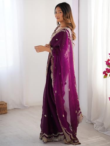 Image of Satrani Women's Shimmer Chiffon Sequins Embroidery Saree with Unstitched Blouse Piece
