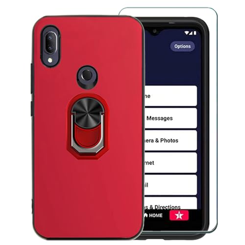 for Jitterbug Smart3 Case with Screen Protector, Ultra Slim TPU Case with Screen Protector & 360 Rotating Ring Holder Kickstand Silicone Rubber Case for Lively Jitterbug Smart 3 -red