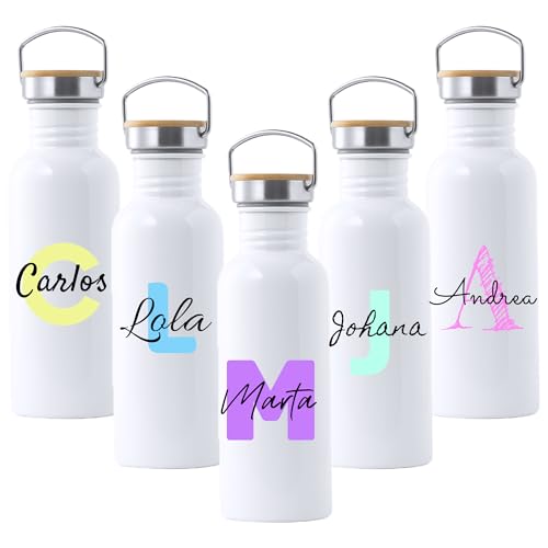 Botella Mookase con Inicial y Nombre - Lechera Personalizada de Acero Inoxidable - Regalo Original para Niños