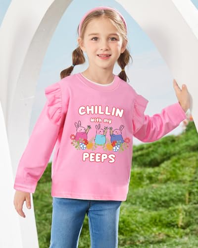 Image of Tkria Toddler Girls Happy Easter T-Shirt Bunny Eggs Ruffle Long Sleeve Shirt Kids Tee Top 2-7T