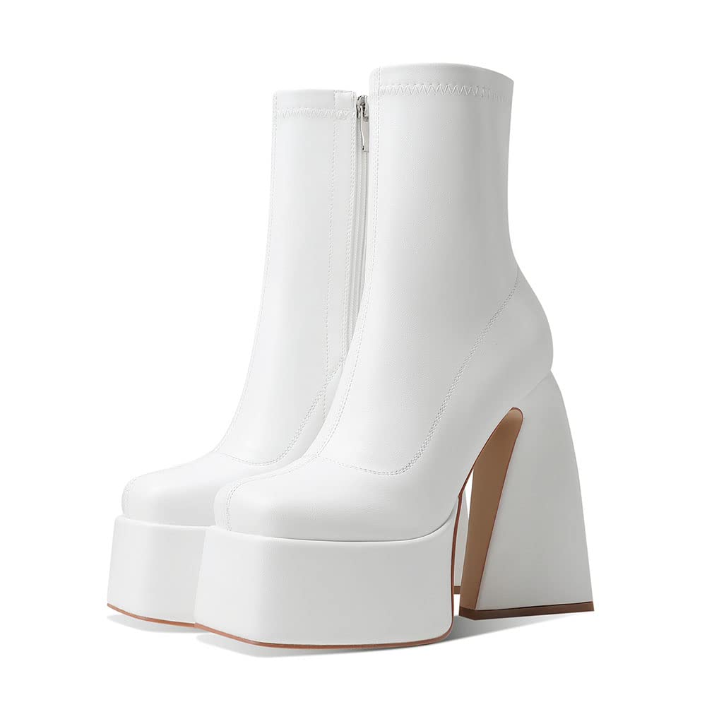 Uacllcau Platform Boots for Women Mid Calf Boots Square Toe Chunky High Heel Boots Side Zipper Ankle Booties
