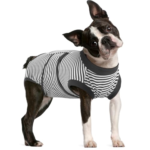 FUAMEY Dog Recovery Suit Male,Dogs Surgery Neuter Suits Puppy Spay Shirts for Female Protect Dog's Skin Anti Licking Abdominal Wounds Doggie Onesie Pet Bodysuit Alternative to Cone Gray Stri