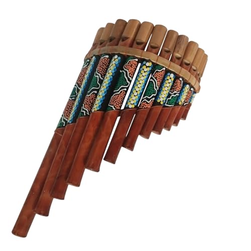 Flauta de Pan Artesanal de Madera, Instrumento Musical Andino con Diseños Étnicos, Bambú Natural con Decoración Colorida, 12 Tubos