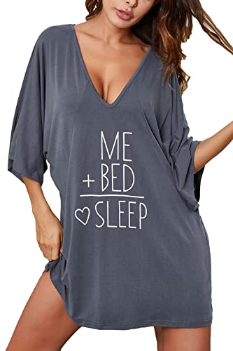 Ekouaer Camisón con cuello en V para novio, sexy y corto, ropa de dormir suelta para mujer - Gris - Large