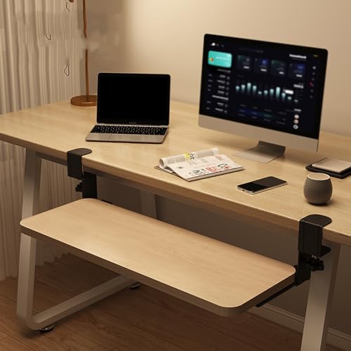 調節可能なCクランプ式デスク下キーボードトレイ、引き出し式プラットフォーム、スライド棚付き、木製、52×24cm