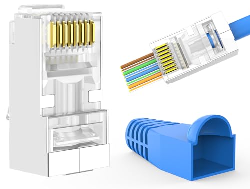 RJ45 Connector Pass Through Cat6 (Cat6 Shielded Pass Through, 50-Pack Plugs&50-Pack Boots) for Solid or Stranded Etherne Cable