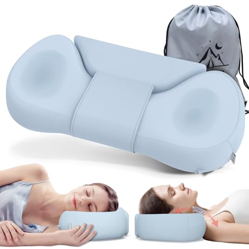 Mixiniso Cervical Neck Roll Pillow Say Goodbye to Neck Pain Travel Neck Support Pillow for Side Sleepers Ergonomic Memory Foam Camping Pillow Cervical Traction Device with Storage Bag (Blue)