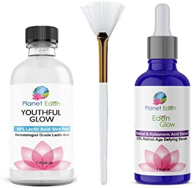 Planet Eden 88% Lactic Acid Skin Chemical Peel Kit with Hyaluronic Acid and Retinol Serum and Fan Brush - Professional Grade - Diminish Dark Spots, Tighten Skin, Correct Wrinkles/Fine Lines