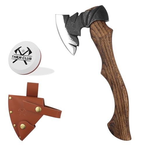 14.7 Hatchet, Camping Hatchets with 1065 Carbon Steel & Wooden Handle, Bushcraft Hatchet with Leather Sheath and Sharpener, Survival Axe for Wood Chopping, Cutting and Splitting