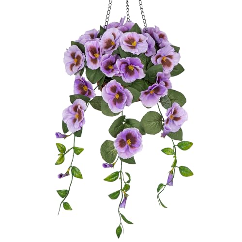 Briful Artificial Hanging Basket Outdoor Light Purple Pansy Fake Flowers Realistic Silk Fall Bloom Faux Flowers Coconut Basket for Home Decor Indoor Farmhouse Balcony Patio Garden