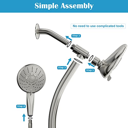 Lordear Rain Shower Head with Handheld Spray 5 Setting 3-Way Water Diverter Double Rain Hotel Spa Dual Bathroom Rain Shower Head Combo with Adjustable Sliding Bar,Brush Nickel - Thumbnail 6
