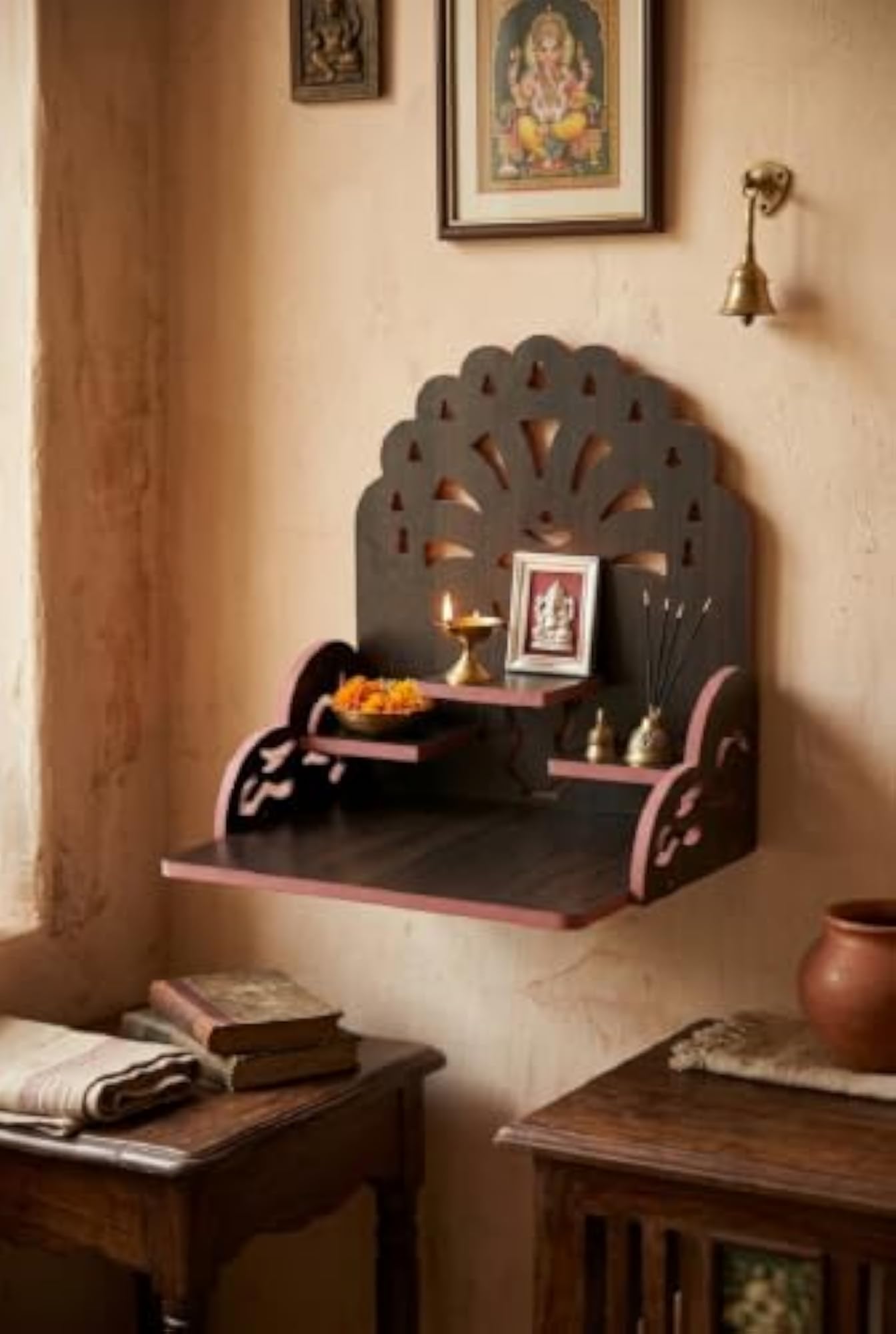 Premium Dark Walnut Wall Mounted Pooja Mandir