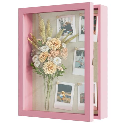 Image of Love-KANKEI Shadow Box Display Case 11x14 Shadow Box Picture Frame with Linen Back Memorabilia Awards Medals Photos Wood Memory Box Gift Pink
