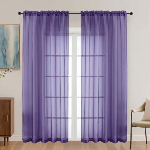 Image of Purple Sheer Curtains 72 Inches Long 2 Panels Set, Light Filtering Sheer Curtains for Living Room Bedroom 59 Inch Extra Wide, Modern Voile Filmy Rod Pocket Window Drapes, 59Wx72L Inches