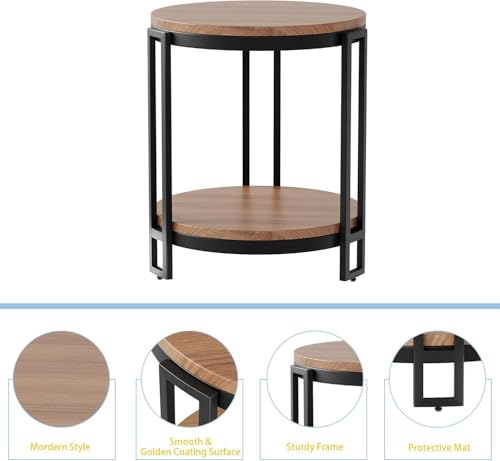 Image of Hamdan Round Coffee Table,Rustic Wood with Storage Shelf, Modern Farmhouse Circle Coffee Table Tray Table with Sturdy Metal Legs Home Furniture (Black Brown)