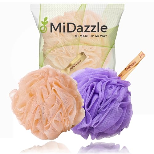 Image of Omidazzle Midazzle Luxury Bathing Loofah Sponge Exfoliator Scrubber For High Lather Cleansing(Large,55G,Pack Of 2,Orange&Purple)