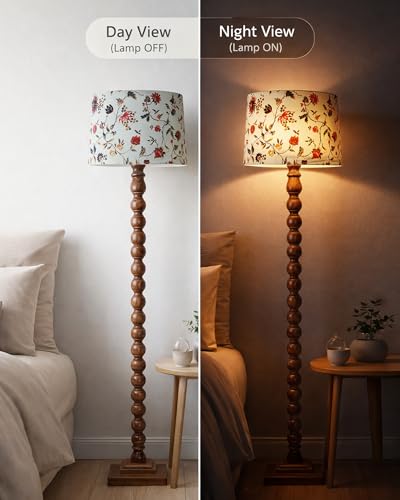 Image of HomesakeRustic Wood Floor Lamp for Living Room Walnut Brown with Multicolor Fabric Lamp Shade | Light Decoration | Side Lamp for Living Room & Bedroom | Antique Floor Light, Vine and Flowers