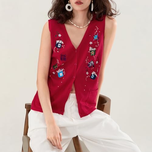 Image of KMBANGI Women Christmas Button Sweater Vest Embroidery Sleeveless Cardigan