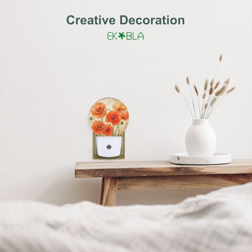 Image of EKOBLA Poppy Flower Night Light, Vintage Red Orange Floral Night Lights Plug Into Wall with Dusk to Dawn Sensor for Hallway
