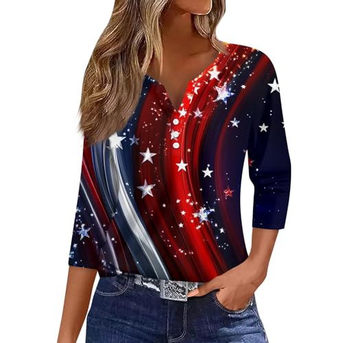 Image of 4th of July Shirts Women 3 /4 Length Sleeve Womens Tops Henley Neck Casual Patriotic T Shirts