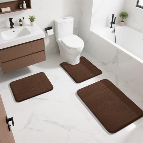 Image of Yimobra Large Bath Mat Set 2 Piece- Super Soft Absorbent Quick Dry Memory Foam Bathroom Rugs, Machine Washable Non Slip Floor Carpet for Tub Shower & Double Vanity (17x24 & 44x24, Brown)