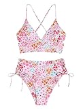 ZAFUL Women's Boho Mix and Match Swimwear Two Piece Bikini with High Waisted Bathing Suits 4-2Pink,M