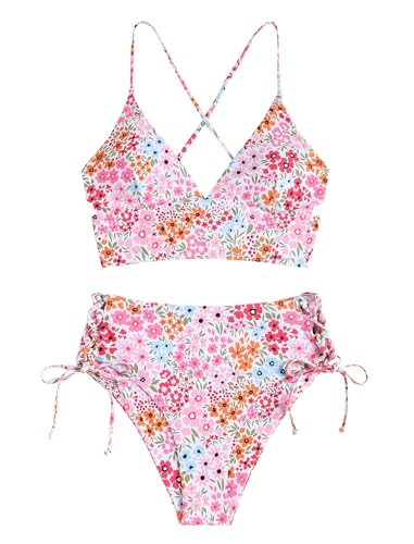 ZAFUL Women's Boho Mix and Match Swimwear Two Piece Bikini with High Waisted Bathing Suits 4-2Pink,L