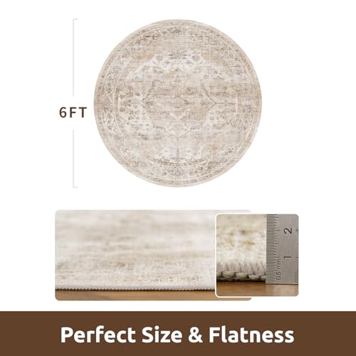 AMOAMI-6FT Round Rug-Rugs for Living Room-Vintage Soft Beige Rugs for Bedroom-Non Slip Circle Rug-Machine Washable Rug for Dining Room Living Room Bedroom Office Under Table