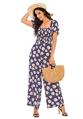 Love Welove Fashion Women's Floral Short Sleeve High Waist Wide Leg Pants Casual Loose Smocked Jumpsuit Romper #TOP1