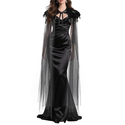 MAOFENG Womens Gothic Feather Cloak Evil Queen Steampunk Tulle Feather Collar Witch Halloween Costume Cosplay Robe Black