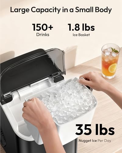 EUHOMY Nugget Ice Maker Countertop with Handle, Ready in 6 Mins, 35lbs Per Day, Removable Top Cover, Auto-Cleaning, Portable Sonic Ice Maker with Basket and Scoop, for Home/Party/RV/Camping - 2