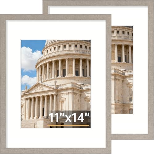 Vittanly 11x14 Picture Frame, Solid Wood Frame with Mat, Greige, 2 Pack