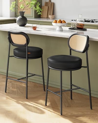 Image of VASAGLE Bar Stools Set of 2, Bar Height Stools with Rattan Back and Metal Legs, 25.1-Inch Tall Counter Chairs, Modern Leather Upholstered Barstools for Kitchen Island Dining Room, Ink Black