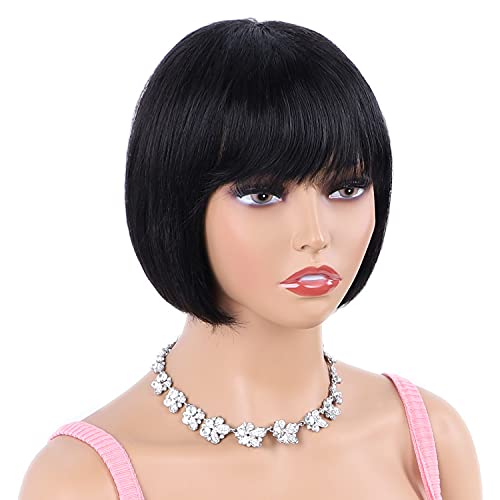 KINKYS Straight Bob Human Hair Wigs with Bangs 100% Unprocessed Glueless Natural Hairline Wigs Daily Short Human Hair Wig Caps for Women…