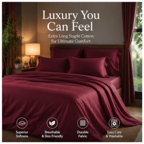 Image of Egyptian Cotton Feel King Size Flat Bedsheet with 2 Pillow Covers | 800 TC Soft & Breathable | Burgundy Solid Pattern for Bedrooms and Hotels Use (Size: 102 x 108 Inch)