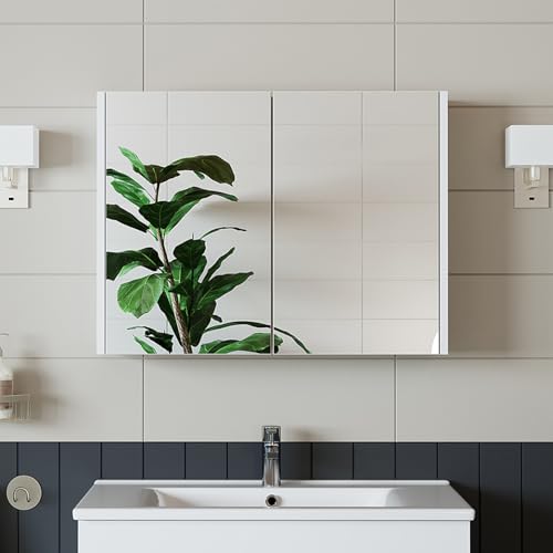 ROOMART Badezimmermöbel Set Atlantic 4 Teilig - 80 cm Spiegelschrank, 100 cm Unterschrank Mit Keramikwaschbecken, Hochschrank (Weiß)