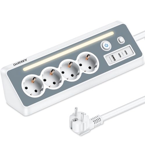 Steckdosenleiste mit USB und 2 Type-C, 4 Fach Ecksteckdose Mehrfachsteckdose mit LED, Mehrfachstecker Überspannungsschutz 3680W 16A, Steckerleiste mit Schalter Ecksteckdosenleiste 1.5m für Küche Büro