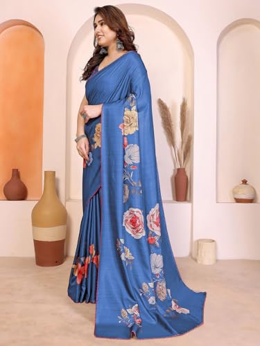 Image of Satrani Women's Tussar Silk Floral Printed Saree with Unstitched Blouse Piece