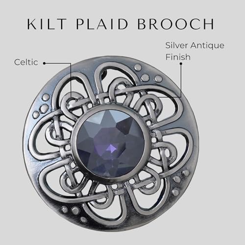Image of Elegant Culloden Plaid Brooch - Scottish Kilt Fly Plaid Brooch Intricate Celtic Knot in Pewter with Gemstone 3-Inch Diameter - Ideal for Scottish Kilts & Formal Wear