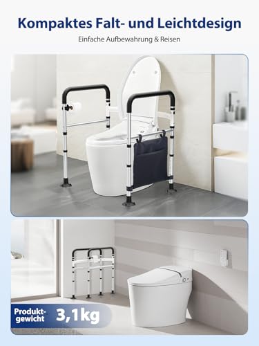 Toiletten-Sicherheitsgriffe, höhen- & breitenverstellbar, klappbarer Toilettenrahmen für Senioren & Behinderte, mit Aufbewahrungstasche & Toilettenpapierhalter, belastbar bis 158 kg