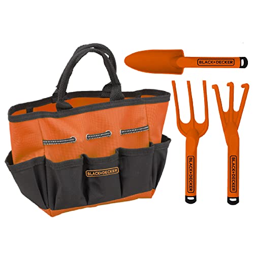 Black & Decker Four Piece Gardening Hand Toolset for Kids – Garden Tool Bag That Holds Plastic Hand Tools