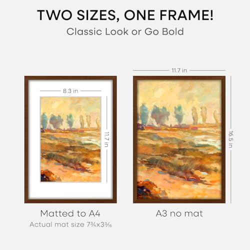 Image of Homeforia A3 Picture Frame Brown Wood, High-End Dark Oak 11.7 x 16.5 Poster Walnut Frames Matted to 8.3 by 11.7 inch Photo, A3 Size Wooden Frame with Mat for A4 Art, Tempered Glass, Wall Kit, Set of 1