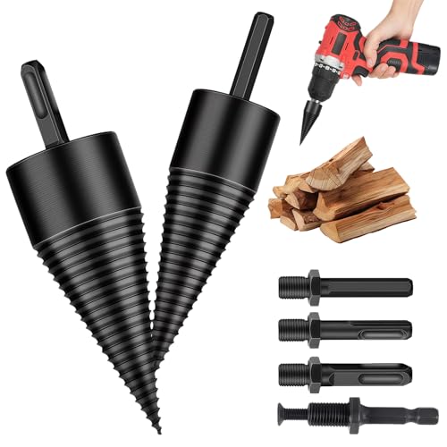 Bohrkegel Holzspalter 42mm + 32mm Holzspalter Schraube Kegel Set mit 4 Bohrgriffe Spaltholzkegel Holzspalterbohre, Schraube Kegel Schaft Holzspalter Bohrer Brennholzbohrer für Brennholz