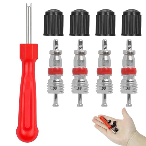 GNALIA Demonte Obus Valve 9 Pièces Rouge, Set Réparation Pneus Avec Clé Voiture Et Bouchons Valve 9.5X1.8X1Cm
