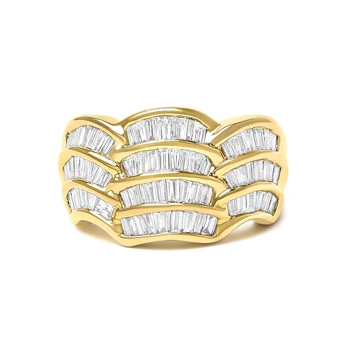 14K Yellow Gold 1-1/3 Cttw Baguette Diamond Wave Design Band Ring - Size 7