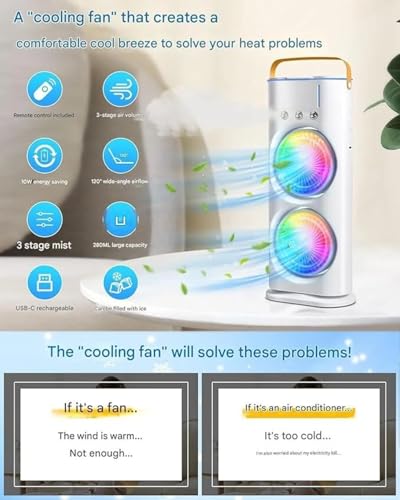 Image of Voidrop Portable Dual Fan Mist Cooler - Rechargeable Evaporative Air Cooler with RGB Lighting, 3 Mist Modes, & Remote Control | Ultra-Quiet Desktop Humidifying Fan for Home, Office, and Travel-White