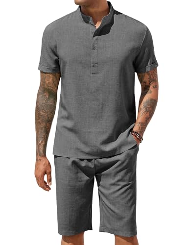COOFANDY Men's 2 Pieces Set Short Sleeve Henley Shirts and Shorts Pants Texture Summer Beach Vacation Outfits